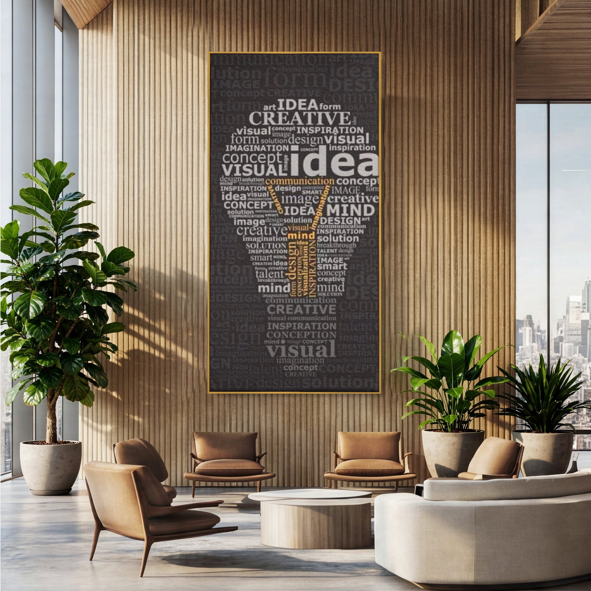 Tablou canvas cu tablou canvas cu silueta de bec formata din cuvinte, in rama de aluminiu auriu, pe perete intr-un birou